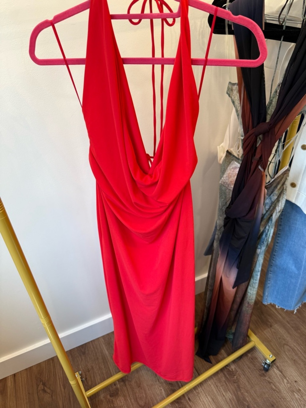 NWT ZARA Red Halter Draped Cowl Neck Maxi Dress Size Large - Picture 10 of 10